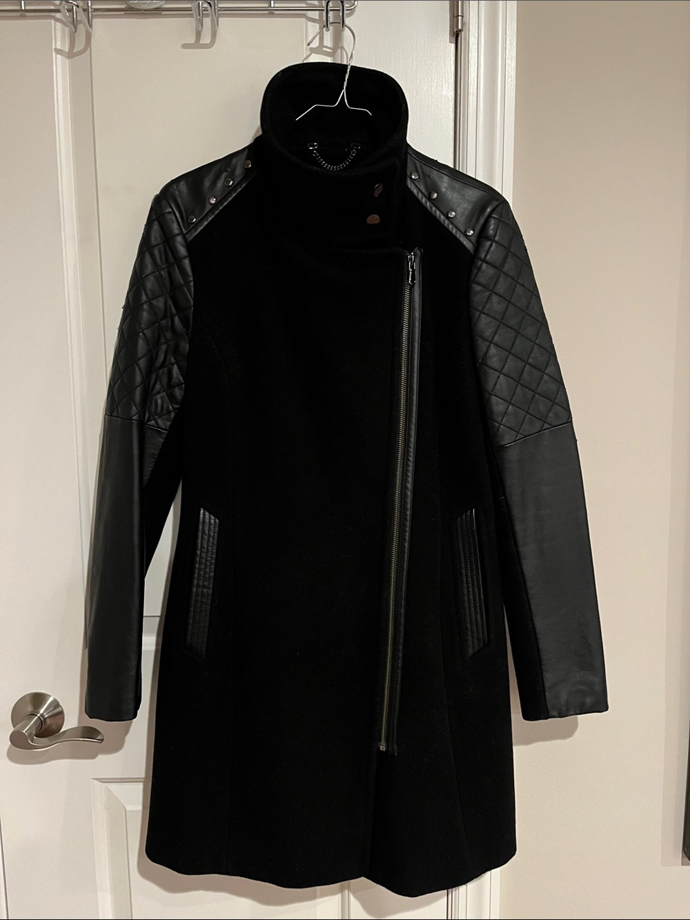 Cache Black Wool Coat with Quilted Faux Leather Sleeves and Asymmetrical Zipper
